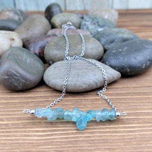 Aqua Apatite Chip Nugget Bar Charm Stainless Steel Chain Necklace